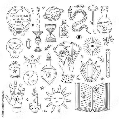 Big outline doodle esoteric and magical set with wizard potion, spell book, crystal ball of fortuneteller, astrology and occult elements. Lovely hand drawn collection with witchcore aesthetic.