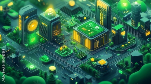 Futuristic smart city concept with green spaces and buildings in an isometric view