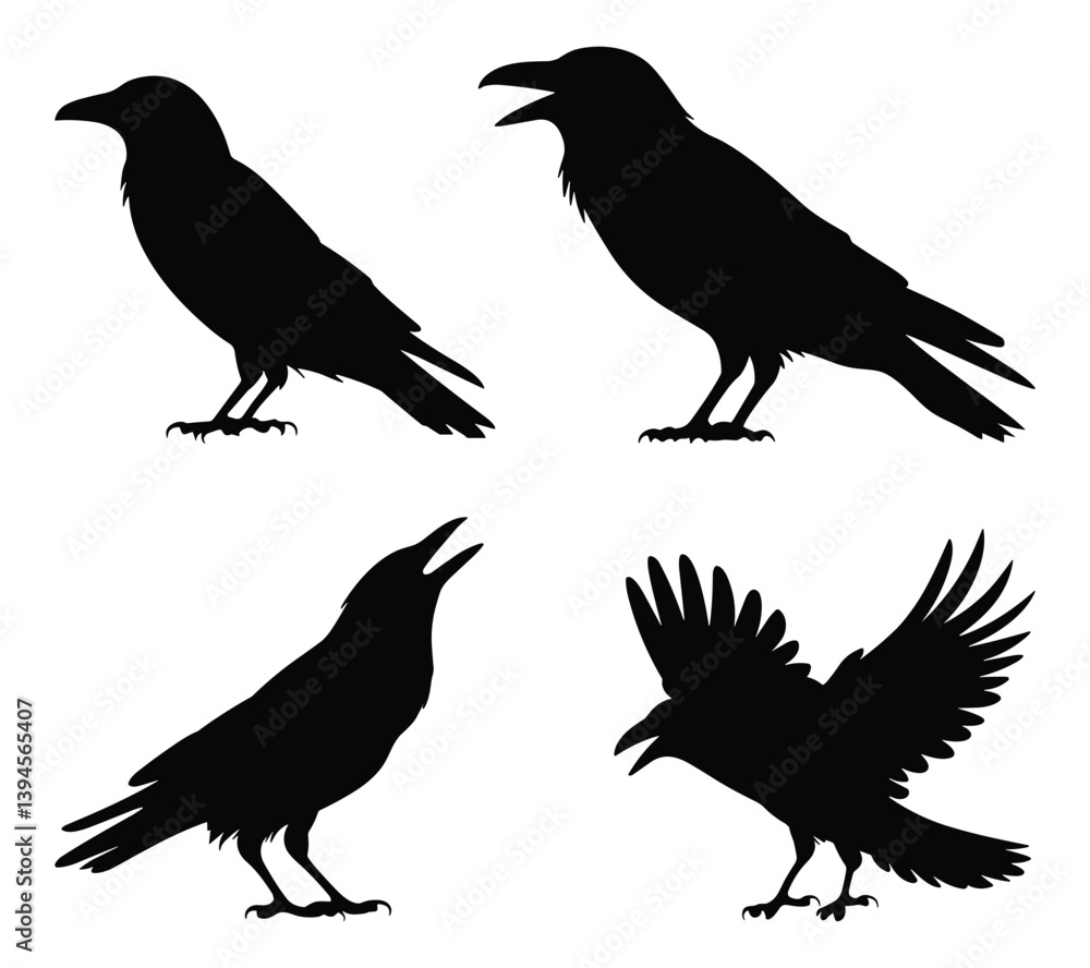 Obraz premium Silhouettes of crows in various poses. vector illustration.