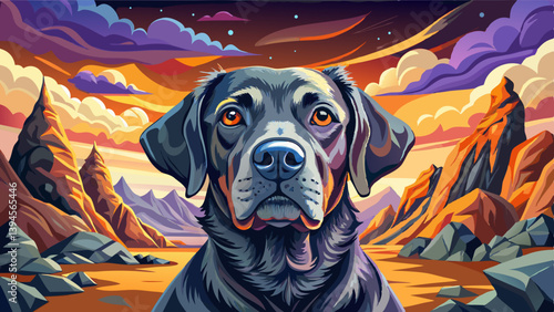 Labrador Retriever portrait on rocky formation desert under a strange colored sky, animal pet banner