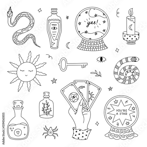 Lovely scribble magical and fortuneteller doodle set with witchcraft symbols. Cute hand drawn snake, positive forecast for future in crystal ball, potion, tarot Sun. Mystical vector icons isolated.