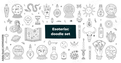 Big outline esoteric and wizard set with magician potion, spell book, crystal ball with prophecy, astrology and spiritual icons. Lovely hand drawn Halloween doodle for tattoo, design, web, print.