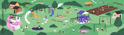 Children play football on playground, school ground. Kids have fun with games in park, kindergarten. Happy babies are on swings, seesaws, slides, sandbox in daycare outdoors. Flat vector illustration