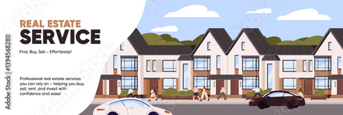 Design of advertising banner of real estate agency. Template with facade of townhouses, semi detached houses for sale. New condominium, apartments, modern city neighbourhood. Flat vector illustration