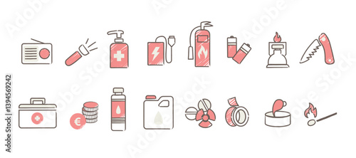 Set of survival kit icons including essentials like first aid, flashlight, water, and tools. Design elements for emergency preparation, outdoor adventures and safety