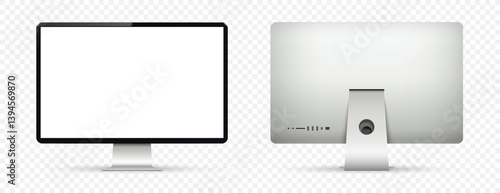 Realistic computer screen mockup. Computer display front and back view on transparent background