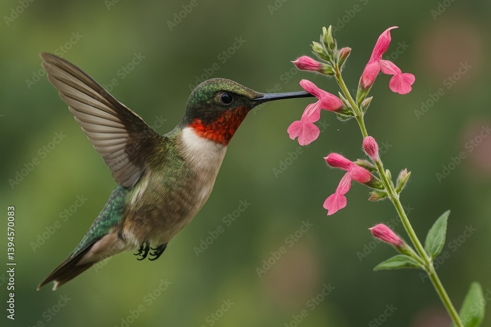 Fototapeta premium Hummingbird sipping pink nectar.