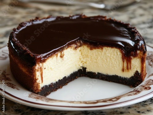 A mouthwatering slice of chocolate cheesecake, a creamy masterpiece with a rich chocolate ganache topping on a plate.