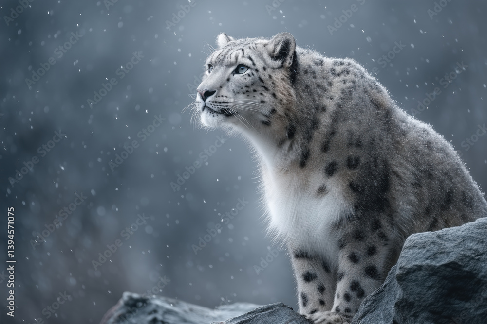 Naklejka premium Majestic snow leopard sitting on a rock in a snowy mountain landscape during a winter storm.