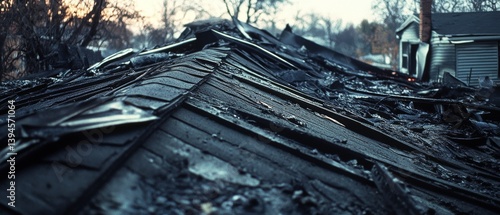 A charred roof structure tells the story of a fire, with debris scattered amid the remnants of what once was a home, under the soft light of dawn.