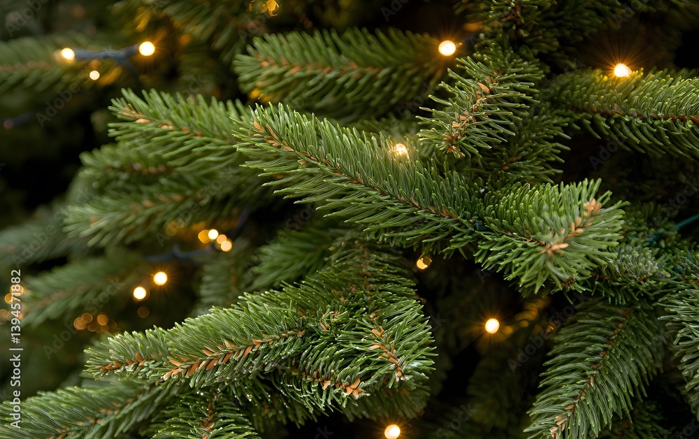 Closeup Christmas Tree Branches with Warm Lights Closeup Christmas Tree Branches with Warm Lights