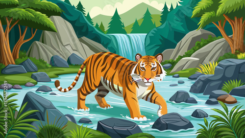 Amur tiger walking in river water. Danger animal, tajga, Russia. Animal in green forest stream. Grey stone, river droplet. Siberian tiger splash water. Tiger wildlife scene, wild cat, nature