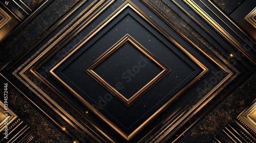Elegant dark backdrop with layered frames in a square arrangement and glittery golden accents