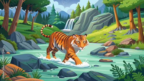 Amur tiger walking in river water. Danger animal, tajga, Russia. Animal in green forest stream. Grey stone, river droplet. Siberian tiger splash water. Tiger wildlife scene, wild cat, nature