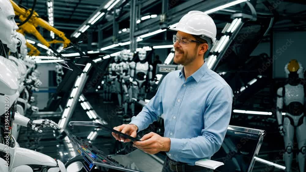 Male engineer operating control panel with humanoid robots in advanced manufacturing facility, surrounded by yellow robotic arms and multiple white androids, wearing safety helmet and blue shirt Male engineer operating control panel with humanoid robots in advanced manufacturing facility, surrounded by yellow robotic arms and multiple white androids, wearing safety helmet and blue shirt