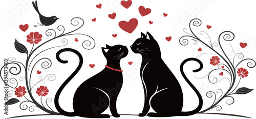 Two black cats sharing a loving moment amidst hearts and flowers.