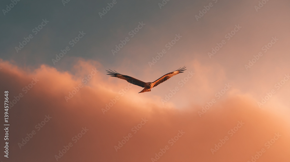 Naklejka premium Eagle soaring high in the sky at sunset beautiful bird of prey flying through the clouds nature scene