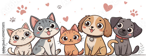 Cute cartoon pets, including cats and dogs, bring joy and friendship.