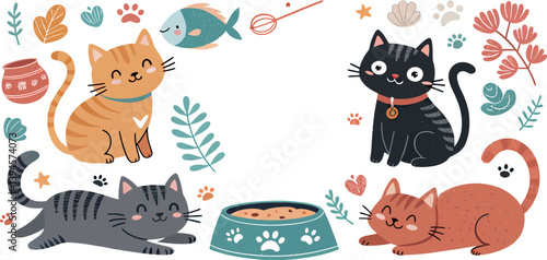 Four adorable cartoon cats playing and relaxing in a colorful, whimsical setting.