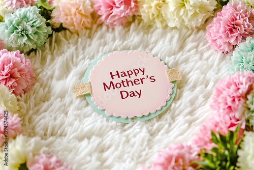 A playful "Happy Mother's Day" message on a pastel-colored tag, encircled by a mix of pastel carnations on a white fluffy rug.