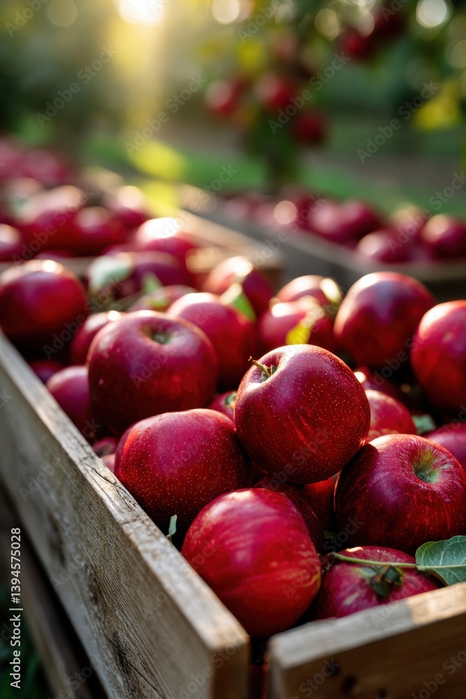 A crate brimming with glossy red apples contrasts beautifully against the golden dusk light, radiating warmth. A crate brimming with glossy red apples contrasts beautifully against the golden dusk light, radiating warmth.