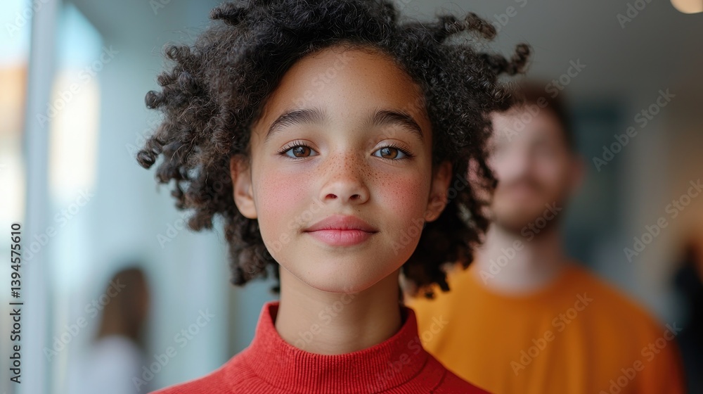 Young Girl with Curly Hair Smiling in Bright Indoor Environment Young Girl with Curly Hair Smiling in Bright Indoor Environment