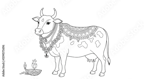 Serene Holy Cow Beautifully Decorated with Marigold Garland and Forehead Tilak for Hindu Diwali Festival Worship