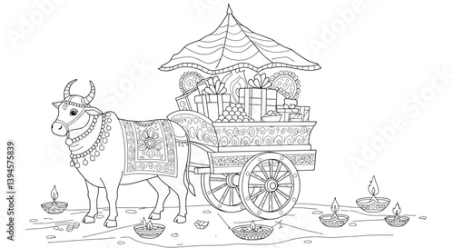 Traditional Indian Bullock Cart Decorated for Diwali Carrying Sweets and Gifts Simple Outline for Coloring