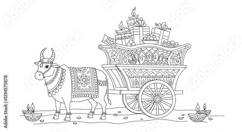 Festive Diwali Bullock Cart Laden with Treats and Presents Simple Design Illustration for Childrens Coloring