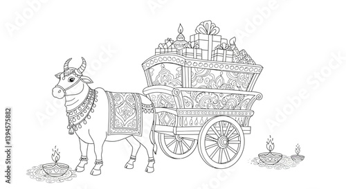 Charming Decorated Bullock Cart Hauling Diwali Goodies and Gifts Outline Drawing Ready for Coloring Fun