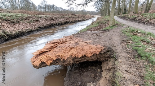 Eroded Stream Bank with Ferns Overhanging Waterway in Natural Habitat