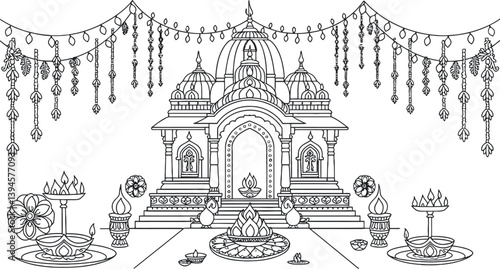 Beautifully Decorated Hindu Temple Shining Brightly with Festive Diwali Lights and Traditional Floral Hangings