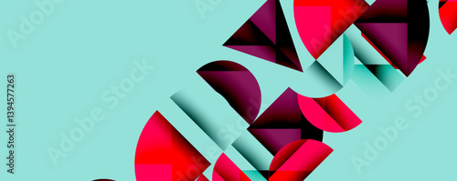 Abstract geometric composition. Red, maroon, teal shapes overlap creating dynamic visual effect. Minimalist design, clean lines, modern aesthetic. Background is light turquoise.
