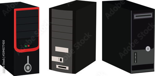 Desktop CPU set vector illustration isolated on white background. Collection of Compuer tower.Computer case set