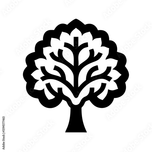 Black and White Icon of a Stylized Tree with Thick Leaves  