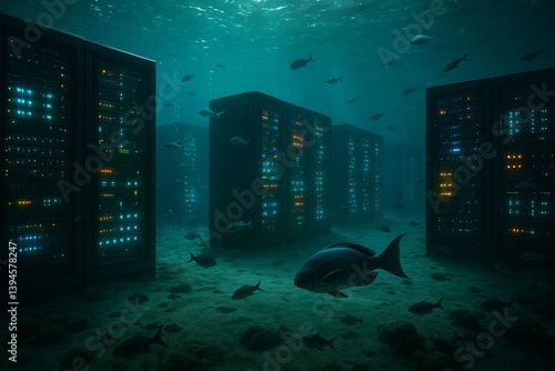 Underwater Server Room with Glowing Lights and Fish