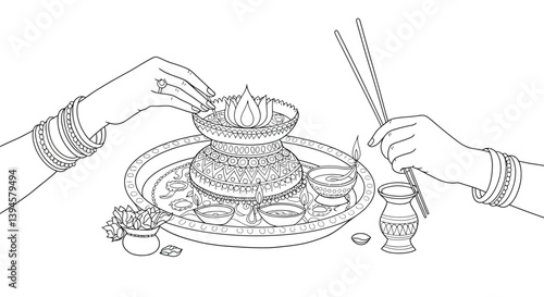 Performing Traditional Hindu Aarti Prayer with Hands Holding Festive Thali Lit Diya and Smoking Incense