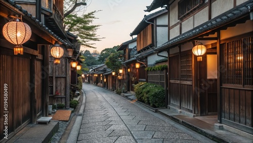 Charming traditional street lined with wooden houses and lanterns at dusk.