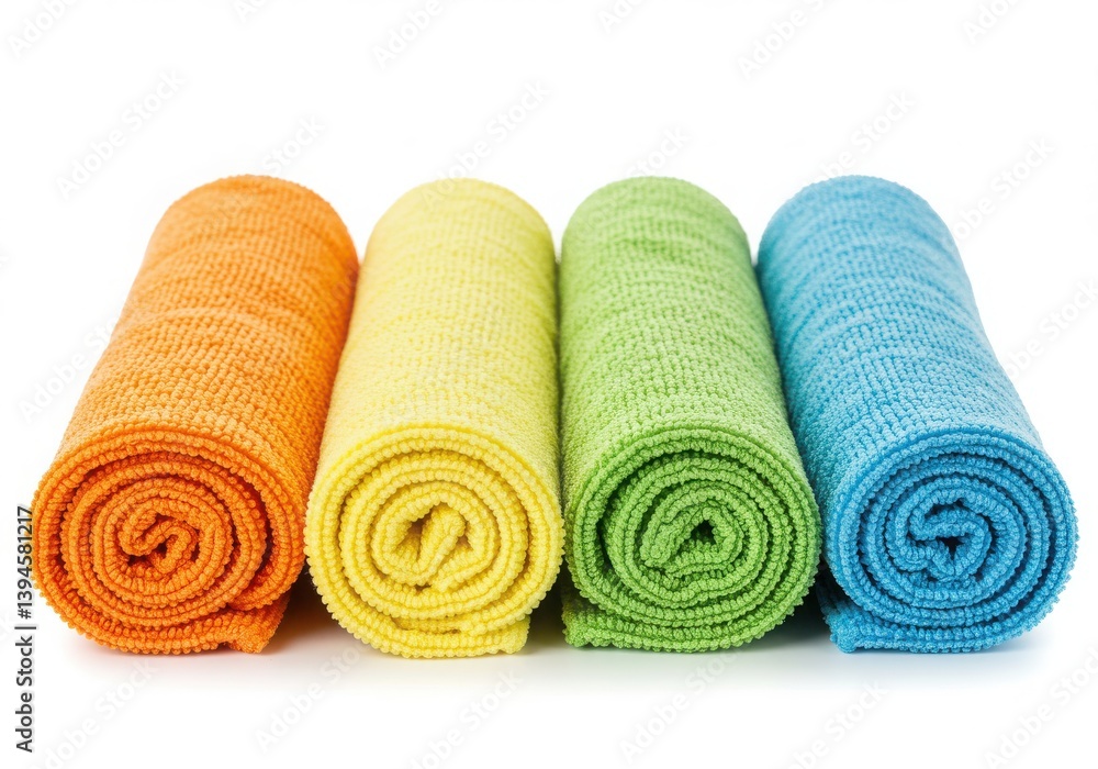 Four rolled microfiber cleaning cloths in orange yellow green and blue on a white background surface Four rolled microfiber cleaning cloths in orange yellow green and blue on a white background surface