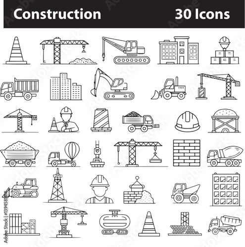 Set of Outline Icons Related to Construction and Engineering