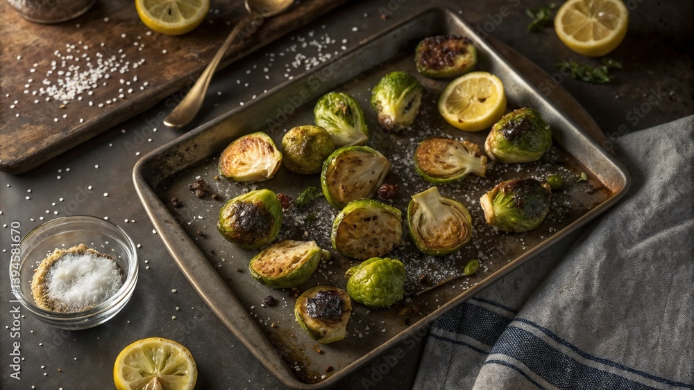 Roasted Brussels sprouts with lemon and spices on baking tray Roasted Brussels sprouts with lemon and spices on baking tray