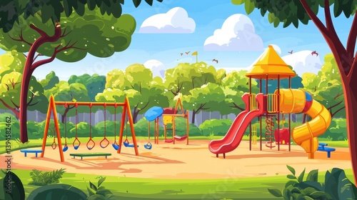 Colorful cartoon playground with swings, slides, and climbing frames, surrounded by lush green trees under a bright blue sky.