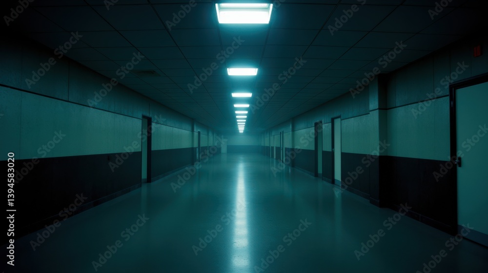 Fototapeta premium Long corridor illuminated by fluorescent lights creating an eerie atmosphere 