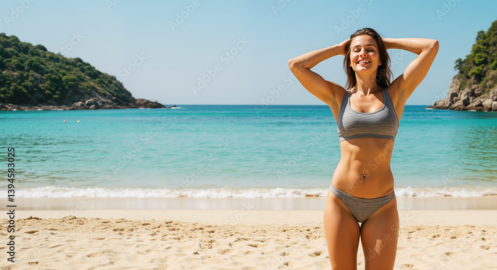 Woman enjoys holiday at tourist resort beach with turquoise ocean and tropical greenery. Travel destination for summer vacation or honeymoon trip in paradise Woman enjoys holiday at tourist resort beach with turquoise ocean and tropical greenery. Travel destination for summer vacation or honeymoon trip in paradise