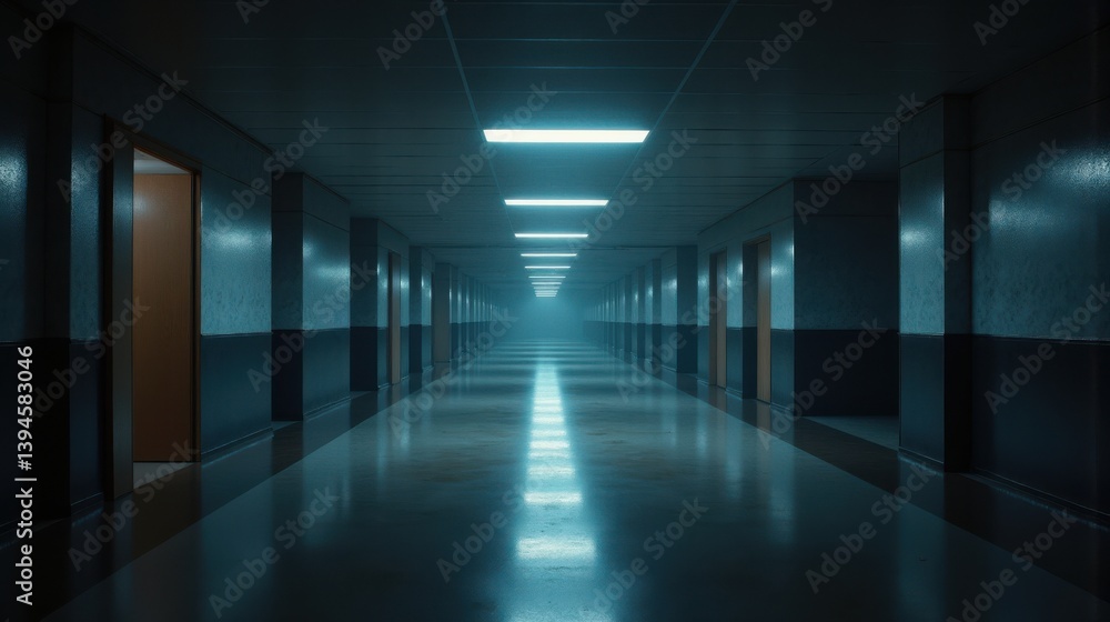 Long, empty corridor with fluorescent lights creating an eerie atmosphere Long, empty corridor with fluorescent lights creating an eerie atmosphere
