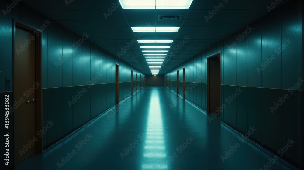 Obraz premium Long corridor with fluorescent lights evoking anxiety and loneliness 