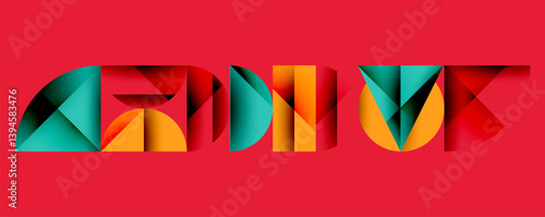 Abstract typography spells NOW. Geometric shapes form letters, utilizing teal, orange, red hues. Background is solid crimson. Modern design, vibrant colors, layered effect.