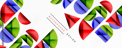 Abstract geometric pattern. Circles, triangles overlap creating dynamic composition. Red, green, blue hues dominate white space. Modern design element for backgrounds.