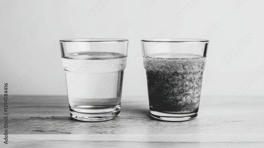A visual comparison of clean and contaminated water in two glasses side by side. A visual comparison of clean and contaminated water in two glasses side by side.