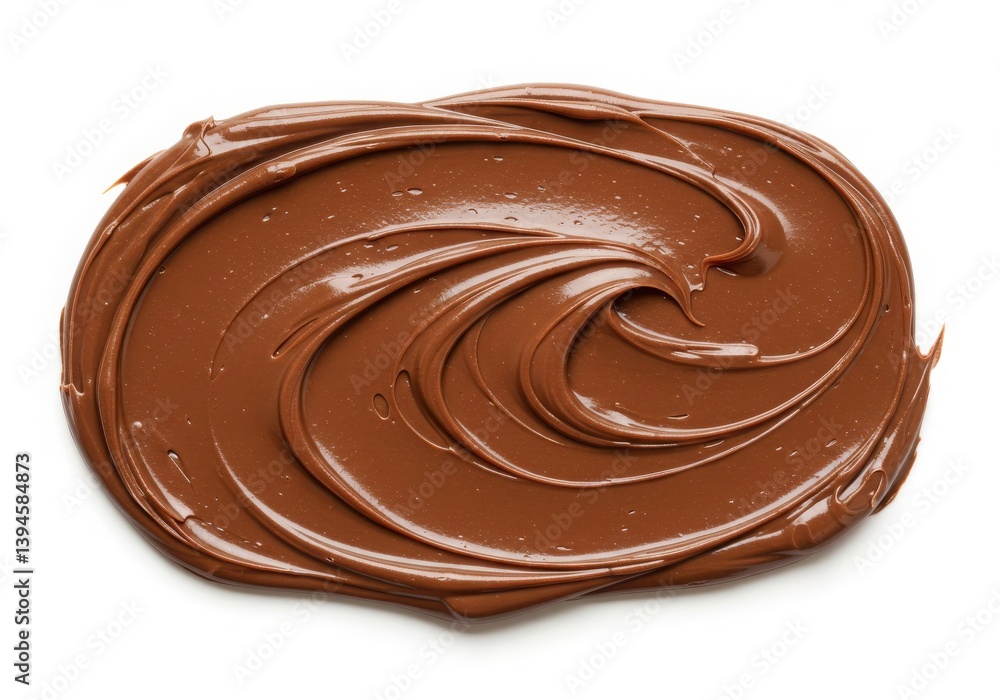 A swirl of smooth chocolate hazelnut spread on a white background in a close up studio shot A swirl of smooth chocolate hazelnut spread on a white background in a close up studio shot